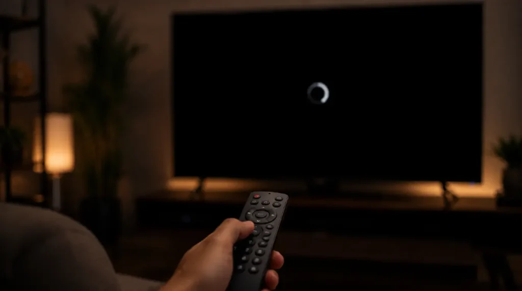 Hand holding a TV remote pointed at a smart TV with a black screen