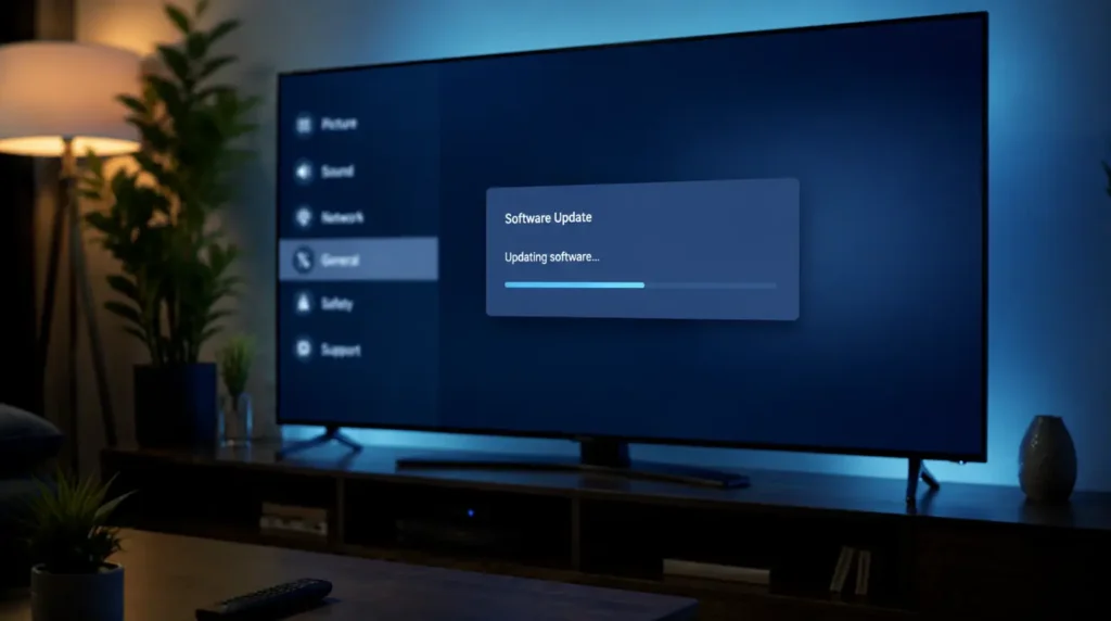 Smart TV settings menu showing a software update progress bar