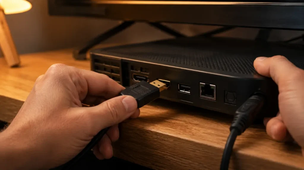 Hands unplugging an HDMI cable from a streaming device connected to a TV