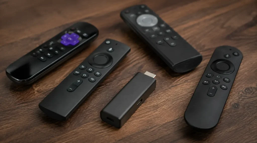 Streaming device remotes and a streaming stick arranged on a table