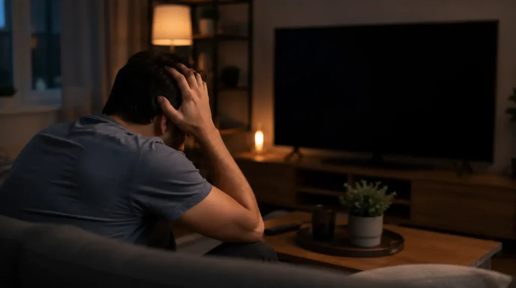 Frustrated person on a couch in front of a black TV screen