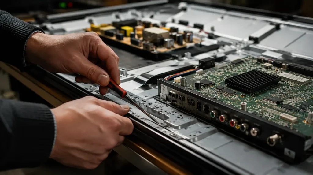 Technician repairing the internal circuit board of an open TV chassis