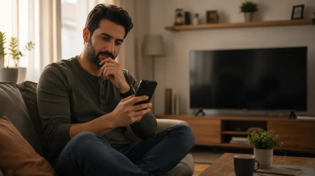 Person sitting on a couch looking at a smartphone near a TV