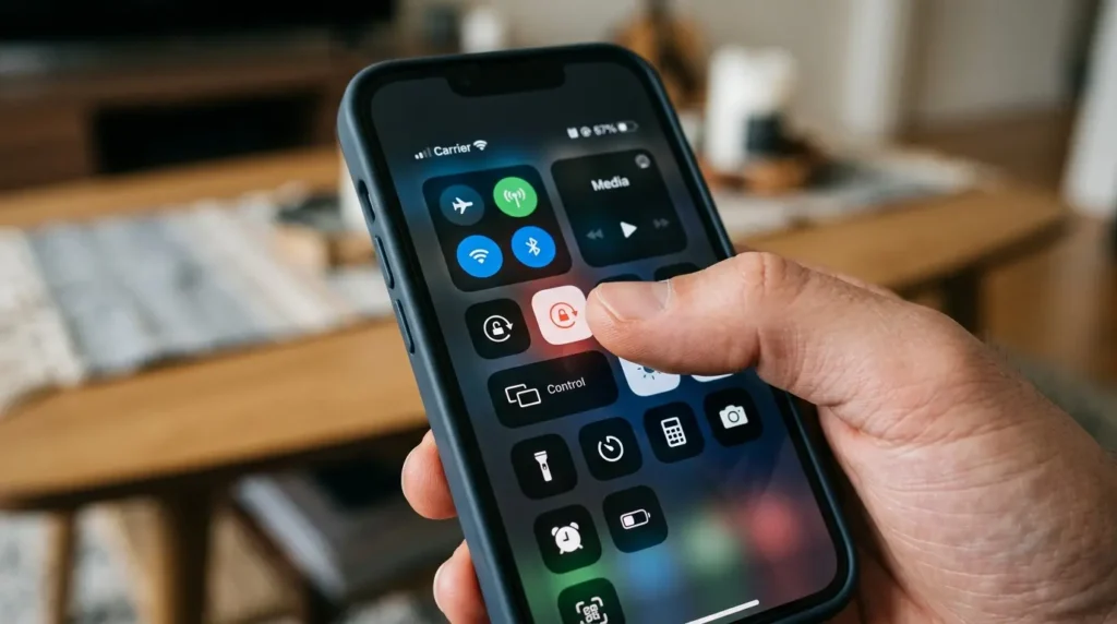 Finger tapping rotation lock icon in iPhone Control Center to fix screen auto-rotate stuck