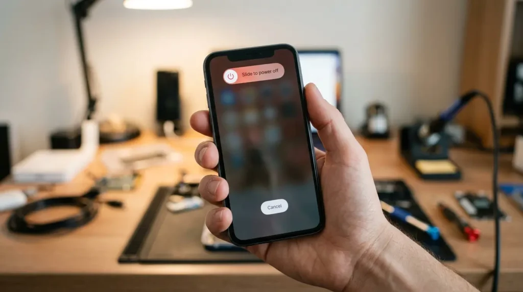 Hand holding smartphone with power off shutdown slider to restart and fix stuck auto-rotate