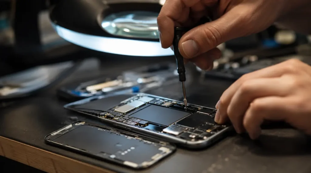 Technician opening smartphone back panel to diagnose gyroscope and motherboard sensor failure