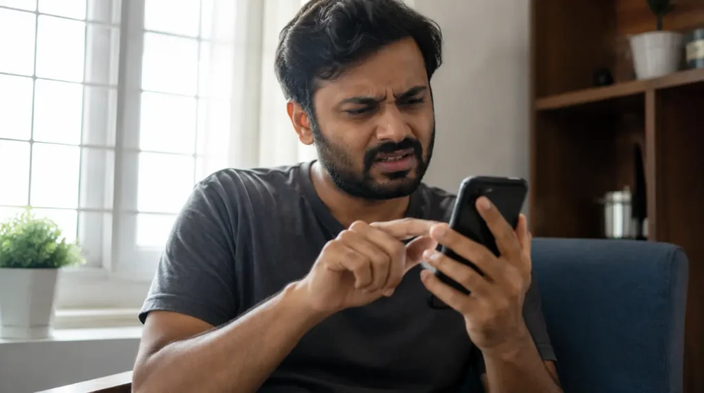 Frustrated person repeatedly tapping smartphone screen trying to fix auto-rotate stuck issue
