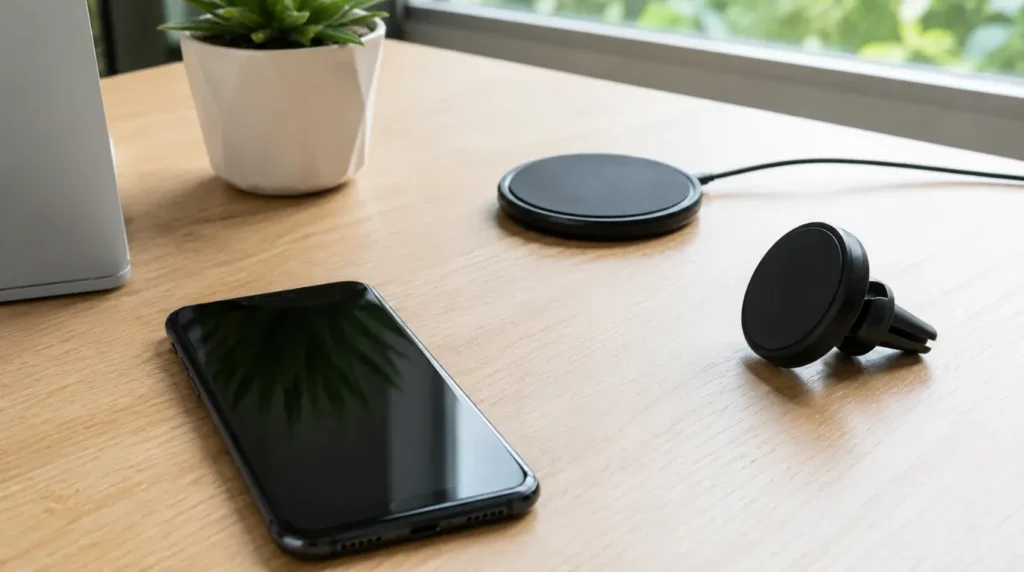 Smartphone without case placed away from magnetic charger to prevent auto-rotate sensor issues