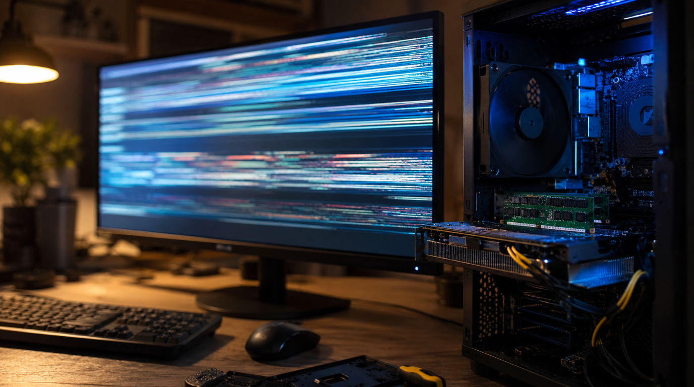 Desktop monitor showing screen flickering and glitch lines after installing new RAM and GPU in an open PC case
