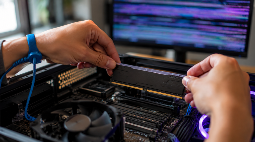 Technician installing a new RAM stick into a motherboard slot while the monitor in the background flickers