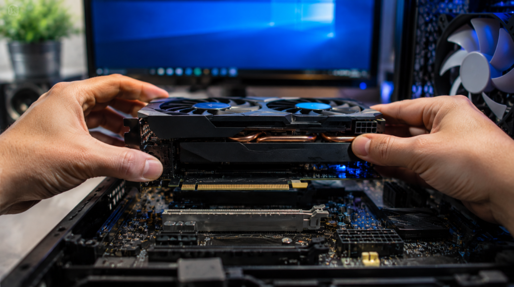 Close-up of a graphics card being properly reseated into the PCIe slot to fix screen flickering