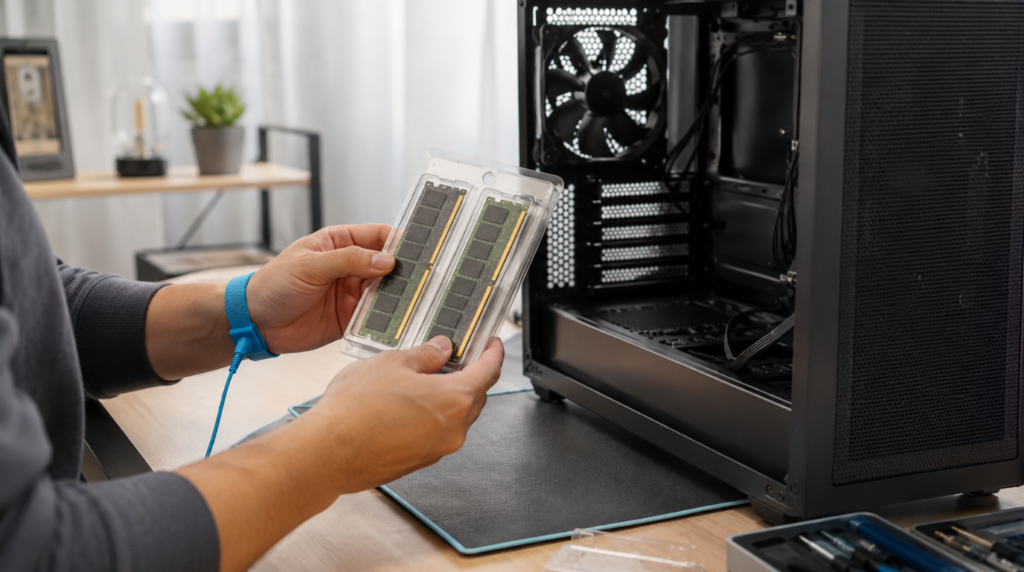 Matched RAM kit and anti-static wrist strap laid out beside an open PC case to prevent screen flickering