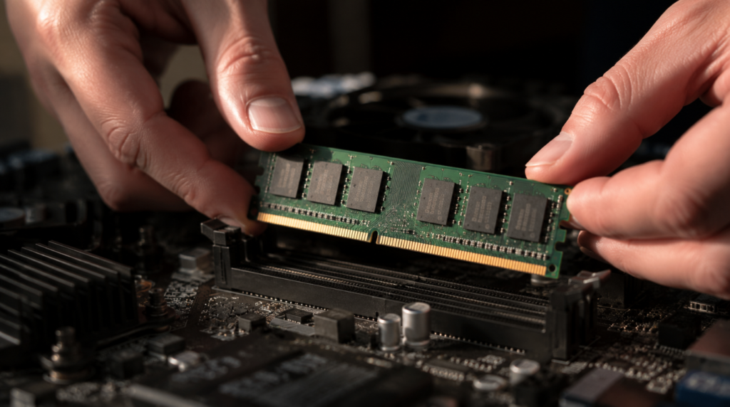 RAM stick being force-inserted at the wrong angle into a motherboard slot, a common installation mistake