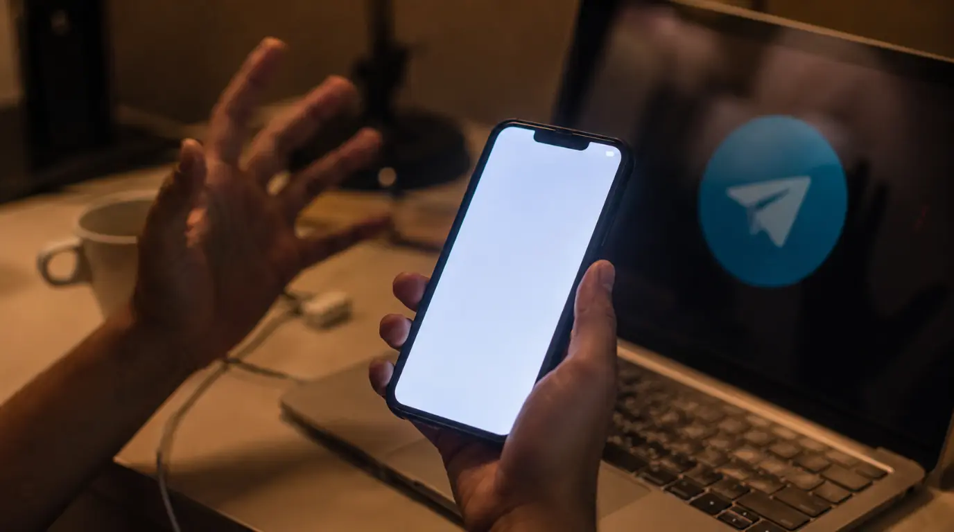 Person holding smartphone with Telegram white screen bug showing a blank glowing display