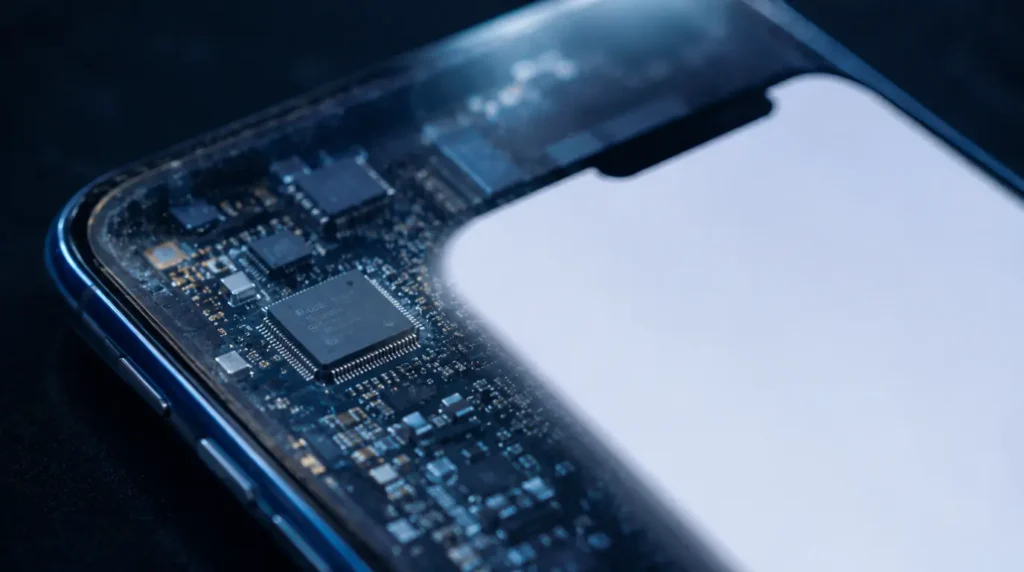 Smartphone circuit board and blank white screen illustrating causes of the Telegram white screen bug