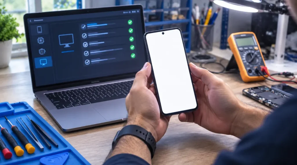 Technician diagnosing a Telegram white screen bug on a smartphone with a checklist