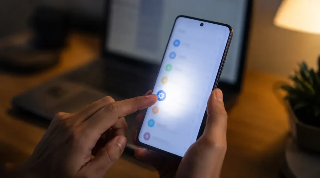 Hand tapping phone settings to fix the Telegram white screen bug