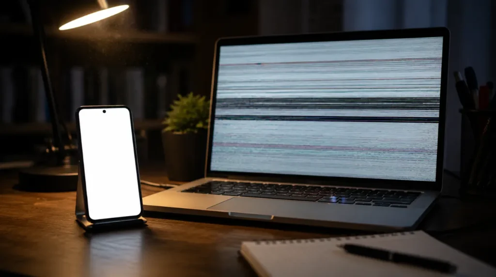 Smartphone with white screen next to flickering laptop comparing software versus hardware causes