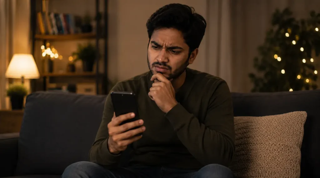 Person looking puzzled at phone with Telegram white screen bug, FAQ concept image