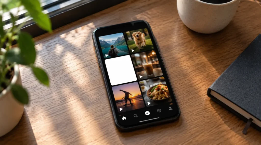 Smartphone on desk showing video app grid with one blank white thumbnail tile