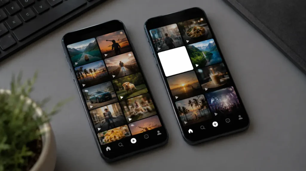 Comparison of normal video thumbnail versus TikTok white screen cover on two phones