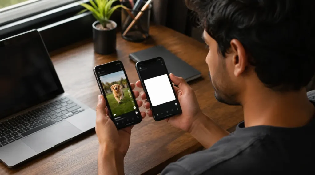 Person comparing two phone screens to diagnose TikTok white screen upload issue