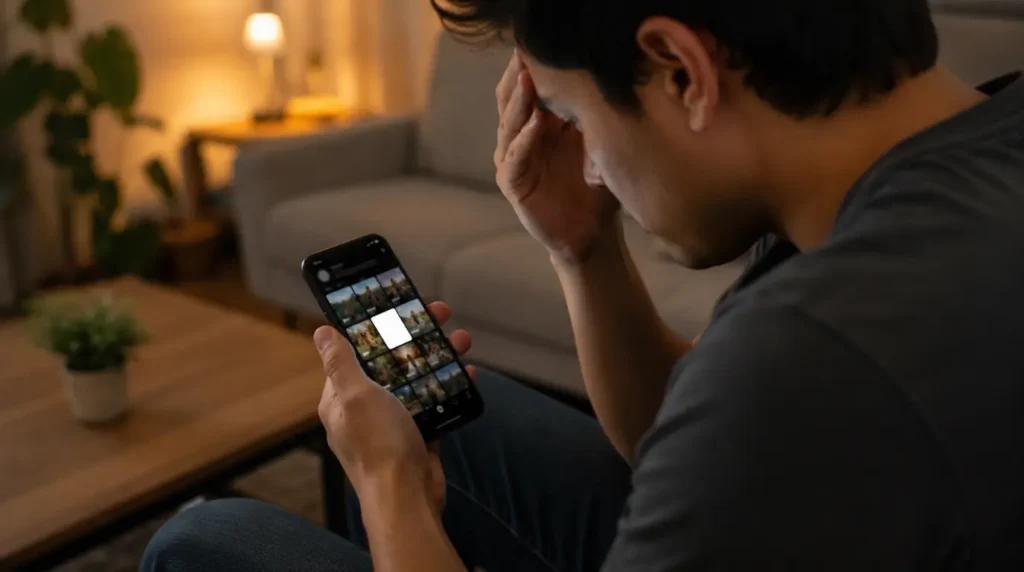 Frustrated person holding phone with blank white TikTok video thumbnail on screen
