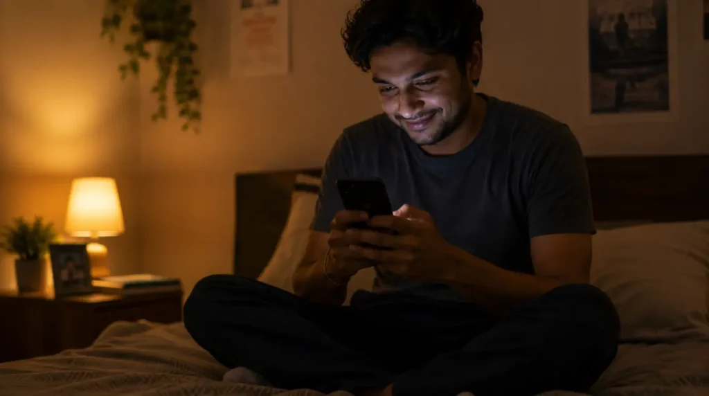 Person checking phone screen glow while reading TikTok white screen FAQ answers