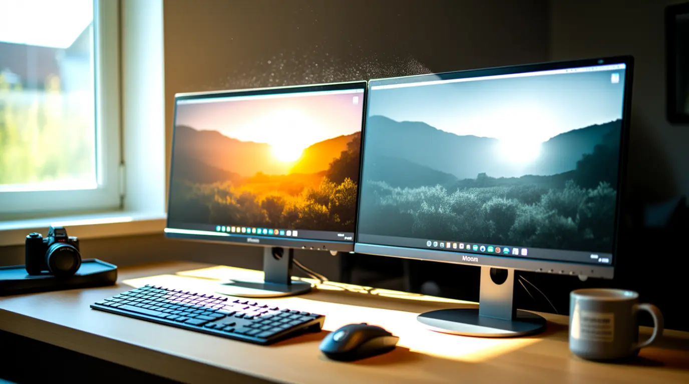 Two side-by-side monitors showing the same image with visibly different color tones