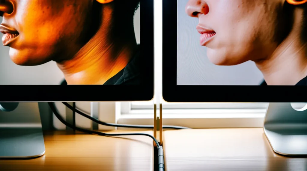 Close-up of two adjacent monitor screens showing a visible skin tone color mismatch