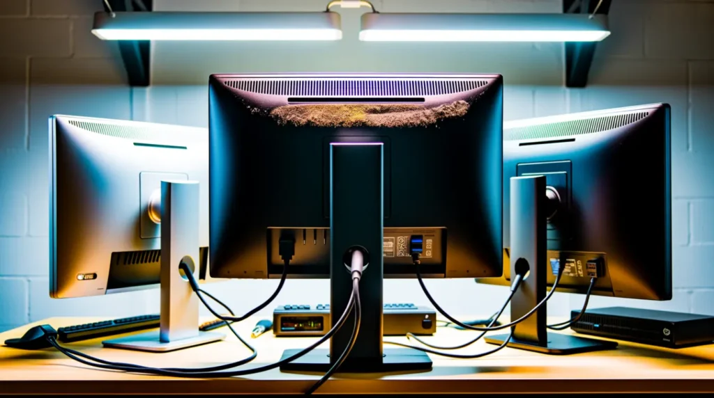 Three different monitor panel types showing varying color and contrast characteristics