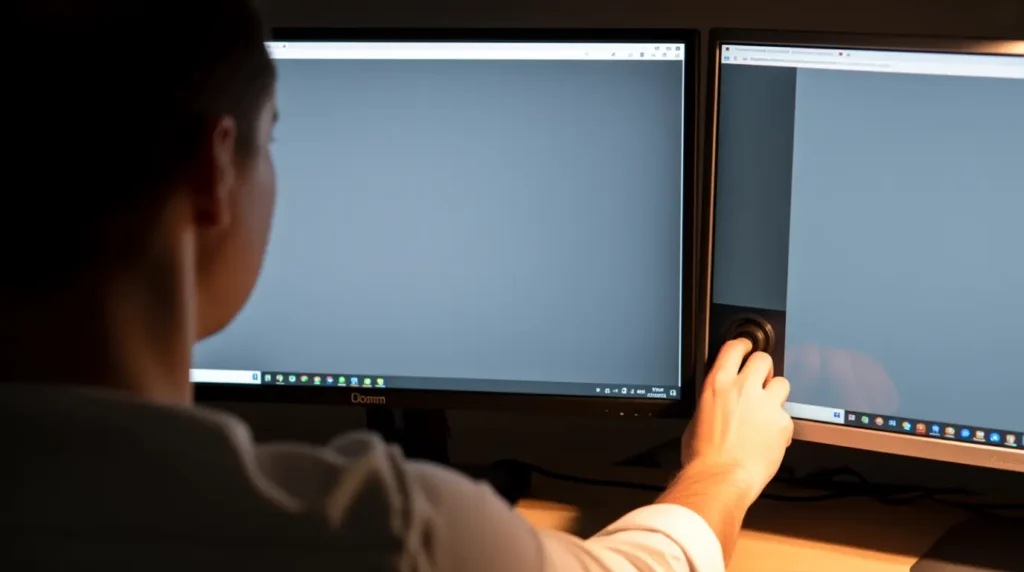 Person comparing solid gray test screens on two monitors to diagnose color mismatch