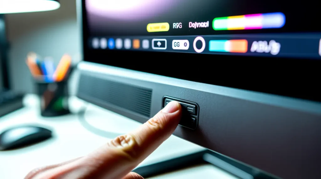 Close-up of a hand adjusting a monitor's on-screen display color settings menu