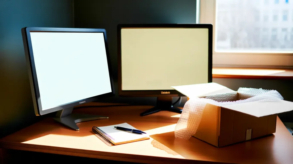 Newer and older monitor side by side with a shipping box suggesting a replacement upgrade