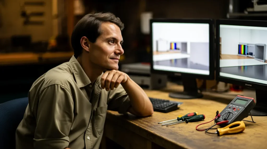 Technician reviewing two monitors now showing matched color output after calibration