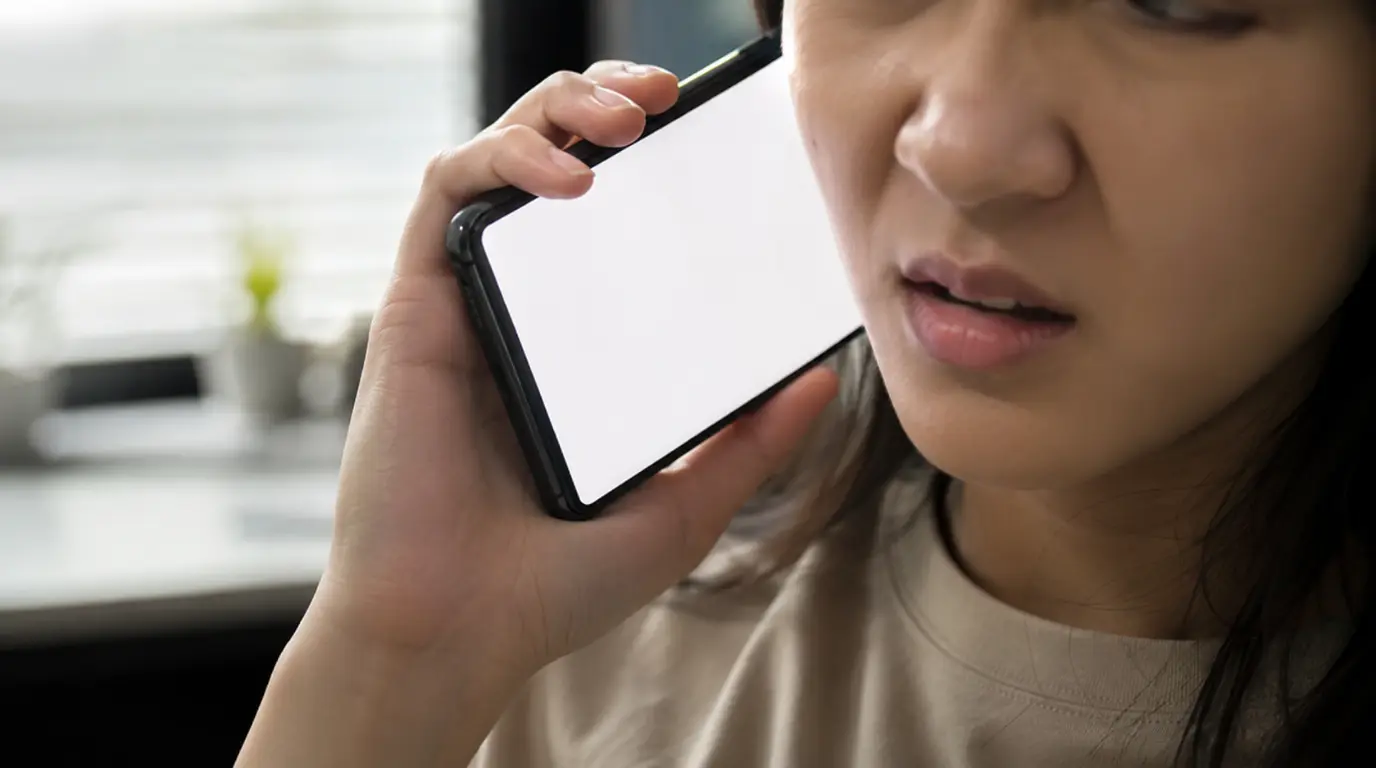 Person holding smartphone to ear during WhatsApp call with screen showing solid white glow instead of turning off