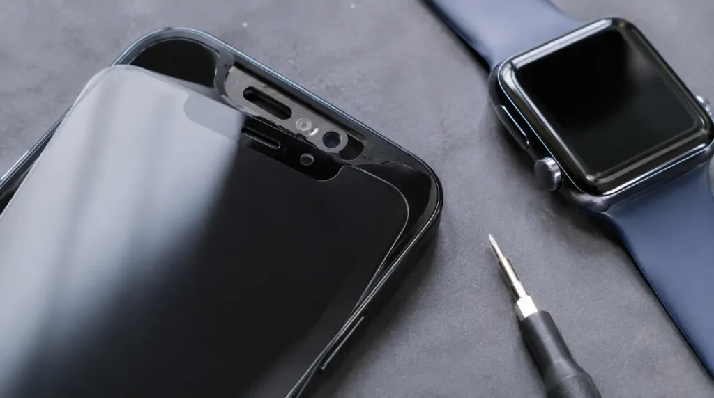 Misaligned screen protector over smartphone proximity sensor cutout next to paired smartwatch