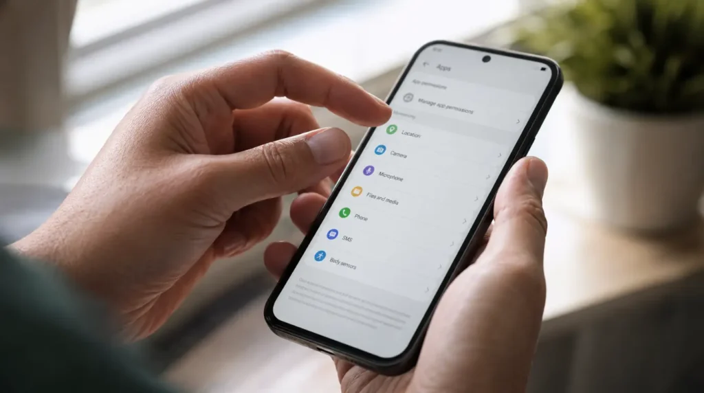 Hands adjusting WhatsApp app permissions in phone settings to fix white screen during calls