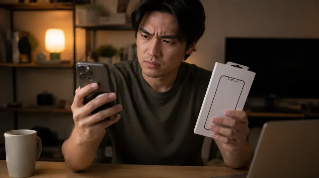 Person holding phone and screen protector box deciding how to fix WhatsApp white screen problem