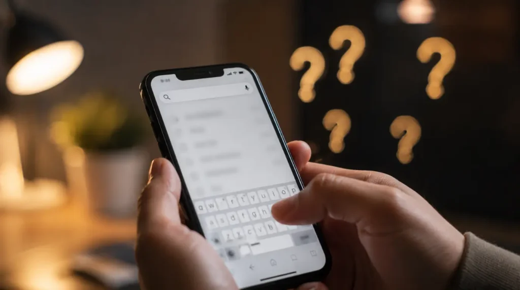  Person typing WhatsApp white screen question into smartphone browser search
