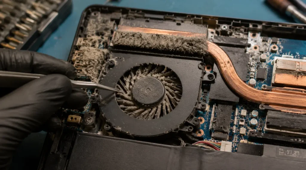 Dust-clogged laptop cooling fan and heat sink causing constant fan noise