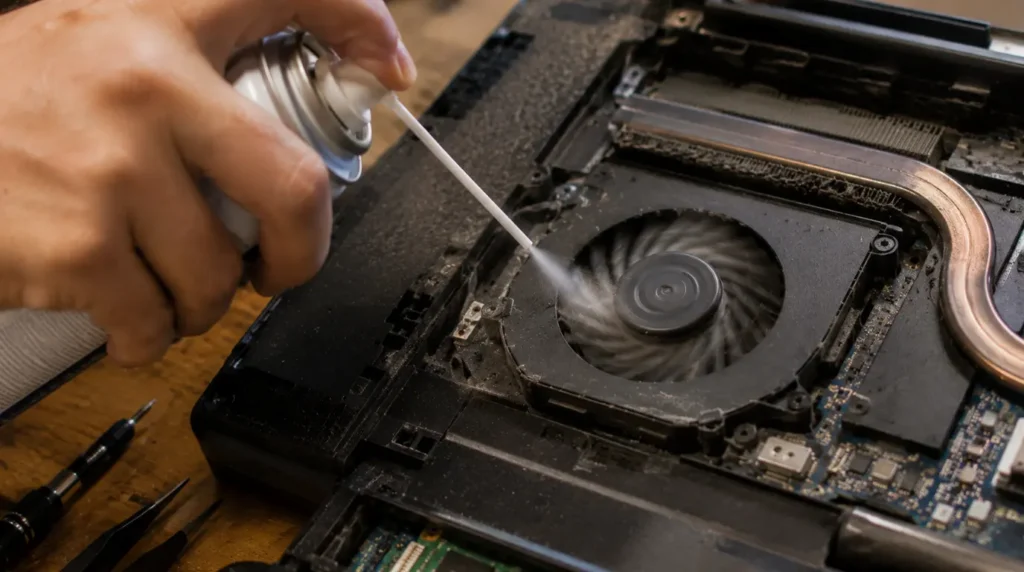 Incorrect way to clean a laptop fan with compressed air without holding blades still