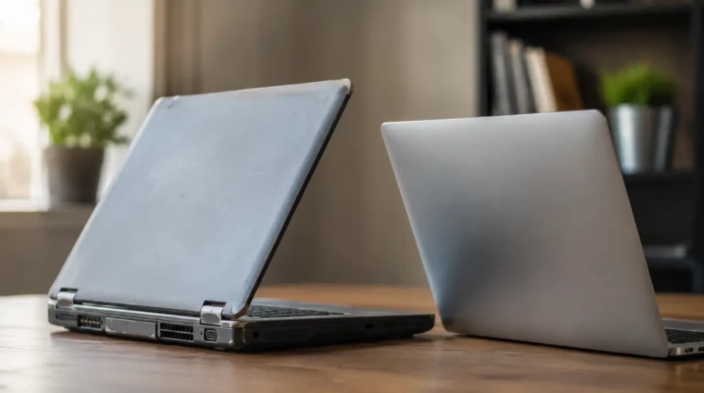 Older laptop next to newer laptop comparing fan repair versus replacement