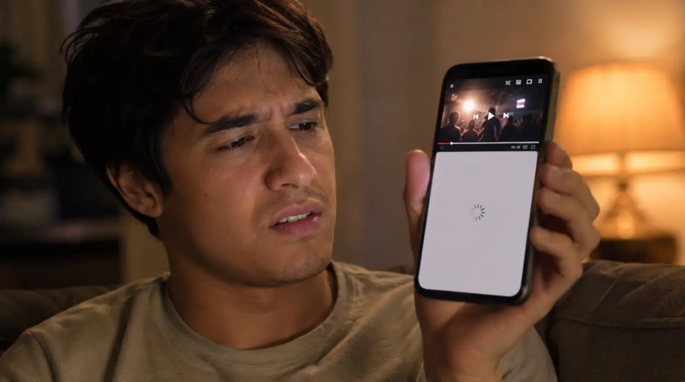 Person looking confused at phone screen with YouTube comments section stuck on a loading spinner
