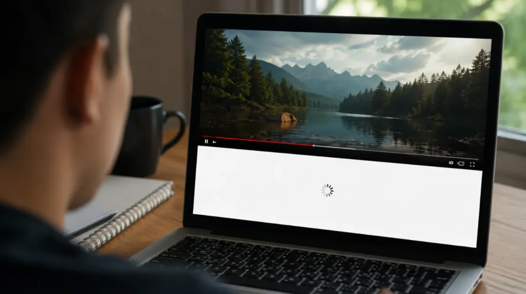 Laptop screen playing a video normally while the comments section below stays blank and loading