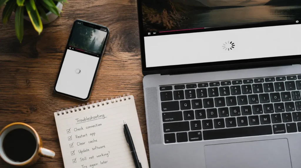 Smartphone and laptop on a desk with troubleshooting notes for fixing YouTube comments not loading