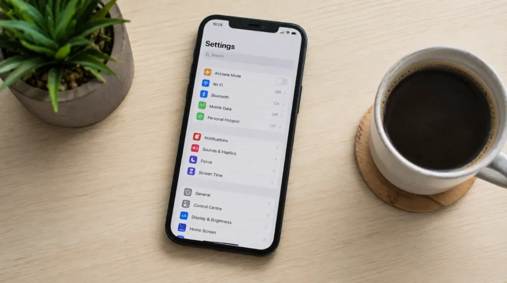 Smartphone showing settings menu next to coffee cup, representing tips to prevent comments not loading
