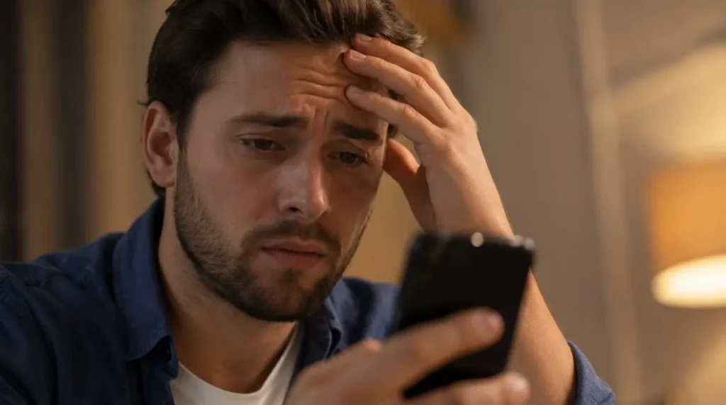 Frustrated person looking at phone screen after YouTube comments fail to load again