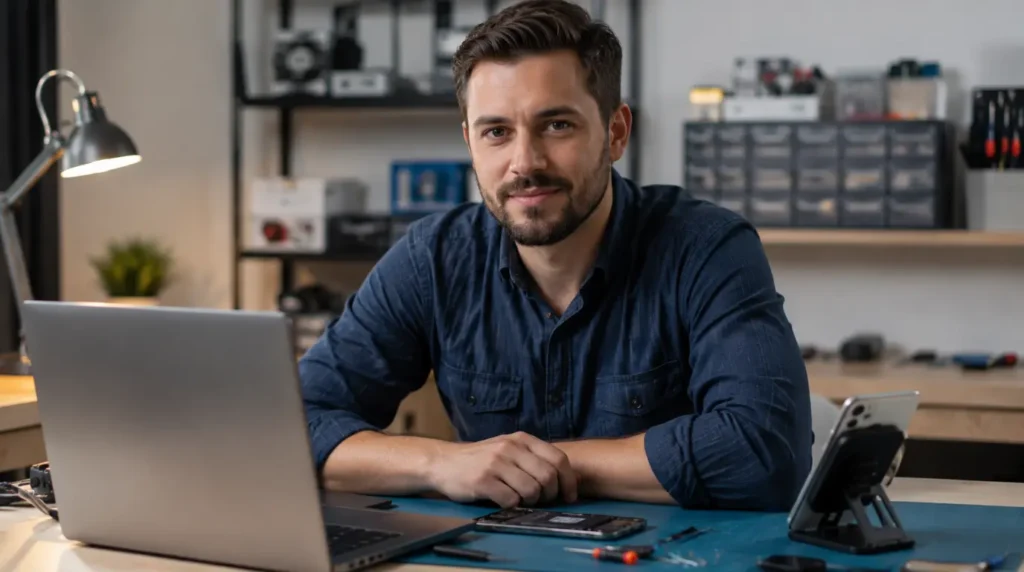 Tech repair specialist reviewing a laptop and smartphone while diagnosing YouTube comment loading issues