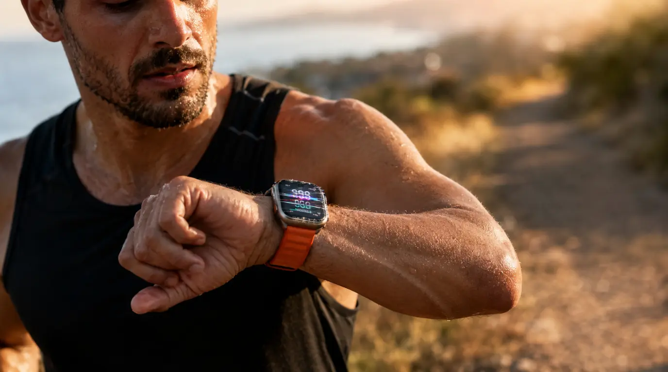 Runner checking Apple Watch mid-run showing screen flickering during workout tracking